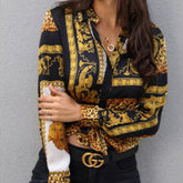 Elegant Print Loose Crop Shirt Ladies Button Down Shirt