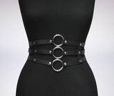 Women Black Leather Waist Belts Sexy Body Harness 3 Layer PU Metal Hoop Patchwork Rivet Belt for Lady