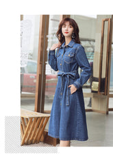 Denim Dress Women Korean Style Loose Waist Bow Tie Denim Trench Coat