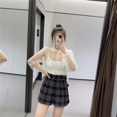 Autumn And Winter Women''s New Lotus Leaf Perspective Wave Point Bottomed Sweet Shirt