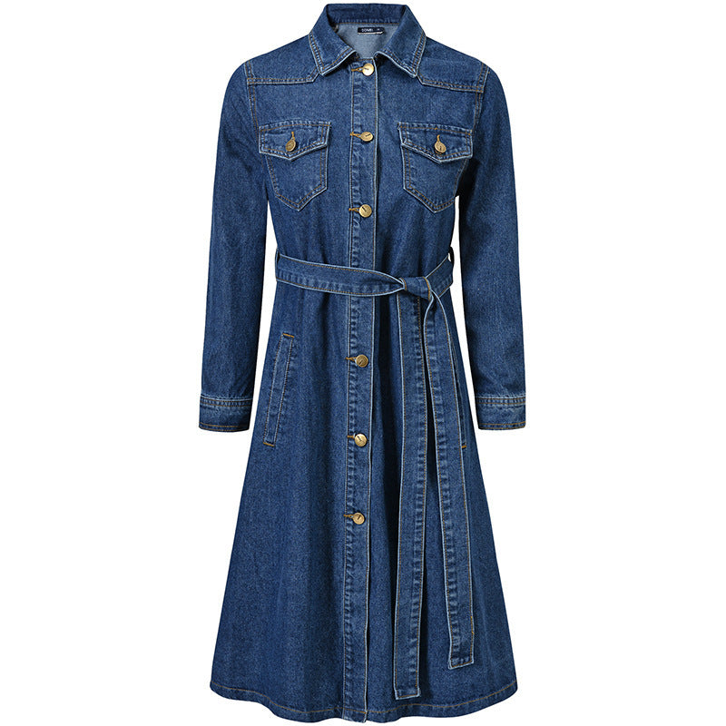 Denim Dress Women Korean Style Loose Waist Bow Tie Denim Trench Coat