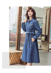 Denim Dress Women Korean Style Loose Waist Bow Tie Denim Trench Coat