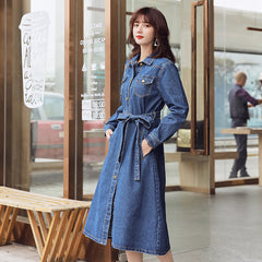 Denim Dress Women Korean Style Loose Waist Bow Tie Denim Trench Coat