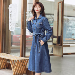 Denim Dress Women Korean Style Loose Waist Bow Tie Denim Trench Coat