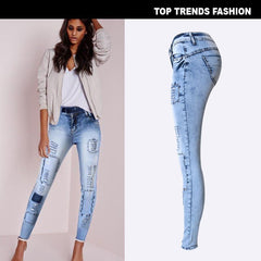 Summer Style Low Waist Sky Blue Patchwork Skinny Tights Women Pencil Jeans High Stretch Sexy Push Up Denim Women Fashion Jeans