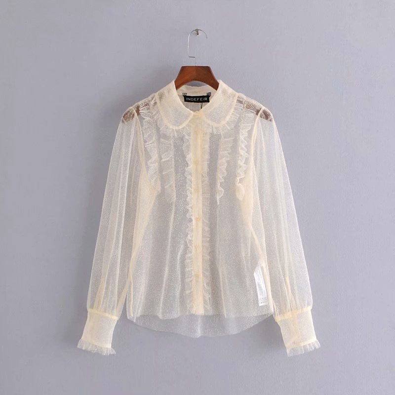 Autumn And Winter Women''s New Lotus Leaf Perspective Wave Point Bottomed Sweet Shirt