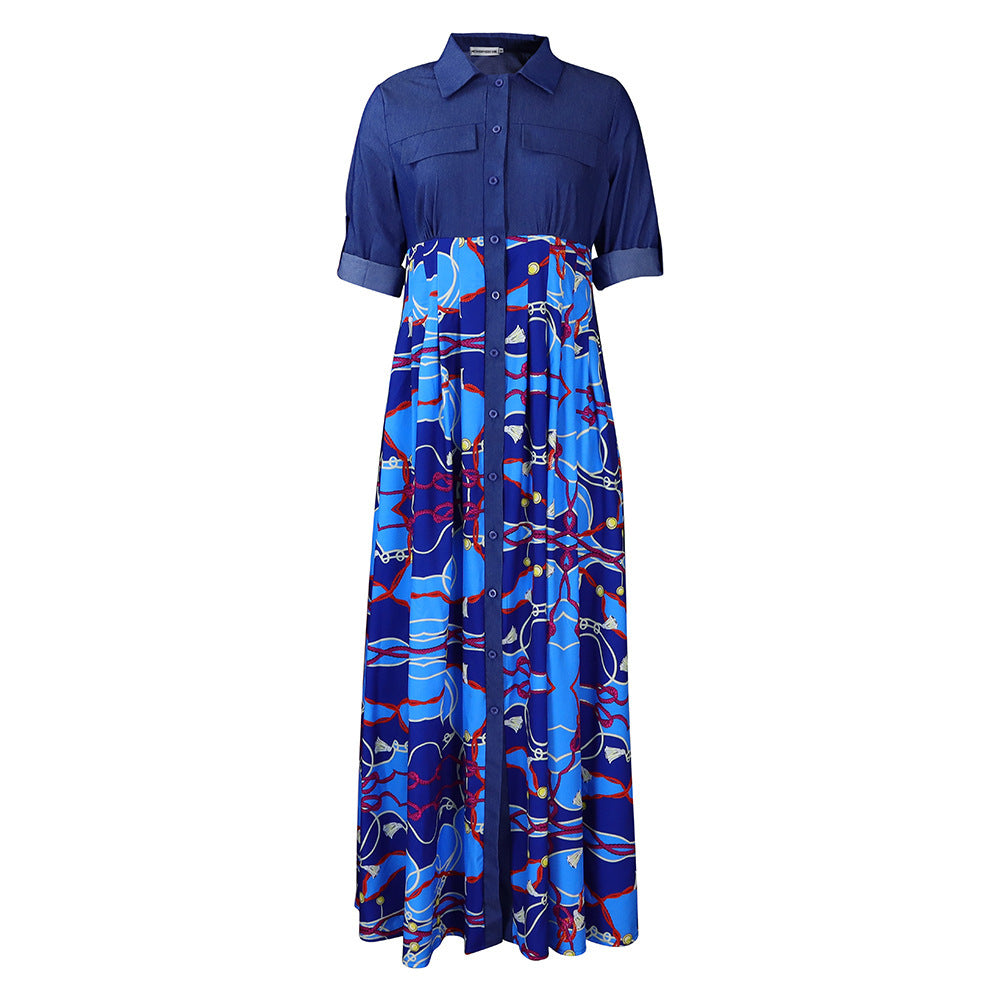 Casual Denim Stitching Printing Long Dress