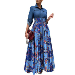 Casual Denim Stitching Printing Long Dress