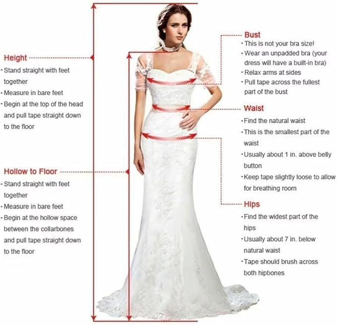 Measurement guide for a white wedding dress with text instructions on how to measure height, waist, and hips.