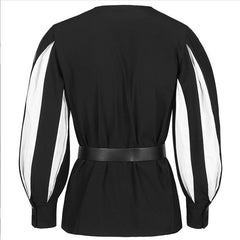 Retro Color Matching Lace Up Collar Shirt Clothing For Women