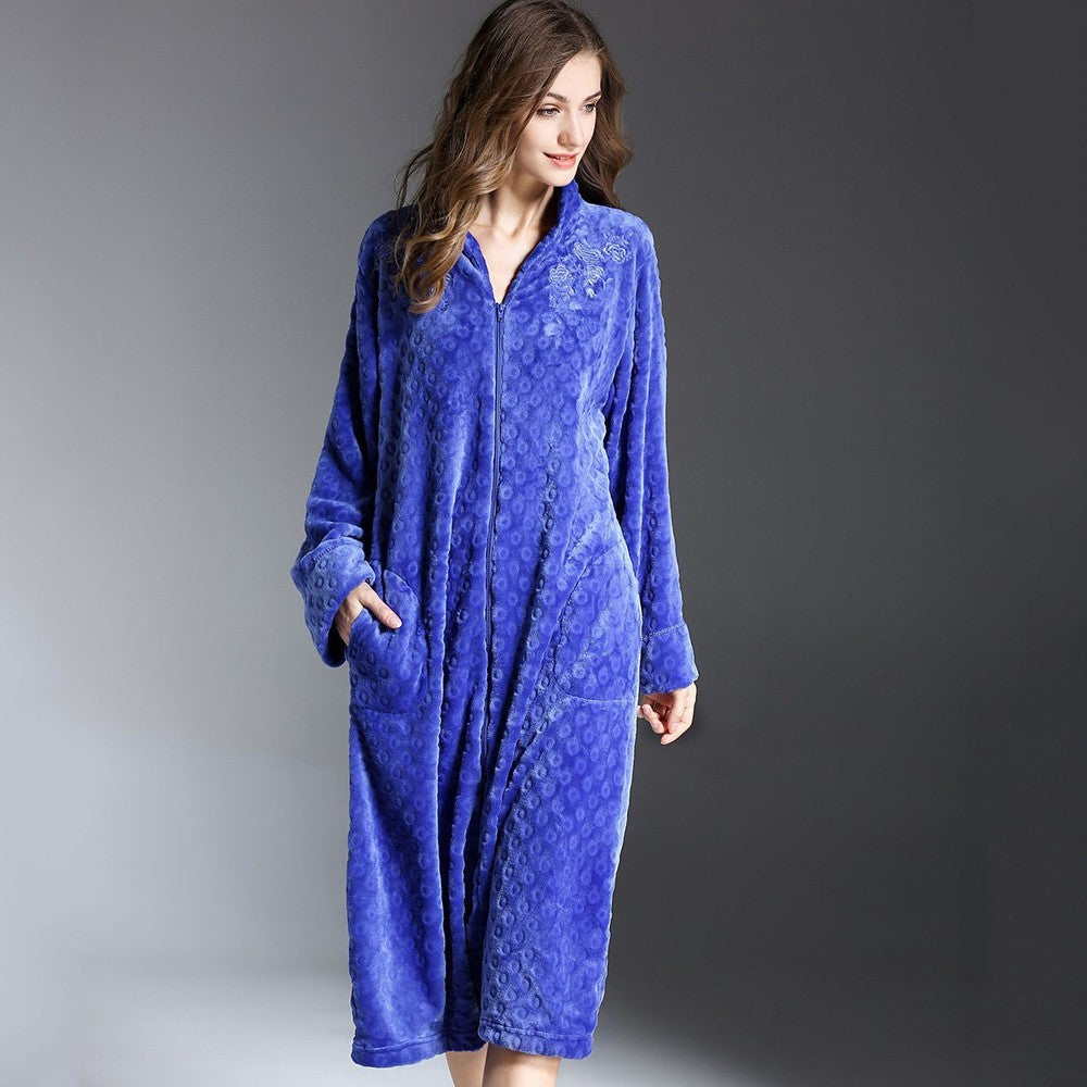 Flannel Nightdress With Exquisite Embroidery And Long Zipper Nightgown