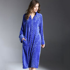 Flannel Nightdress With Exquisite Embroidery And Long Zipper Nightgown