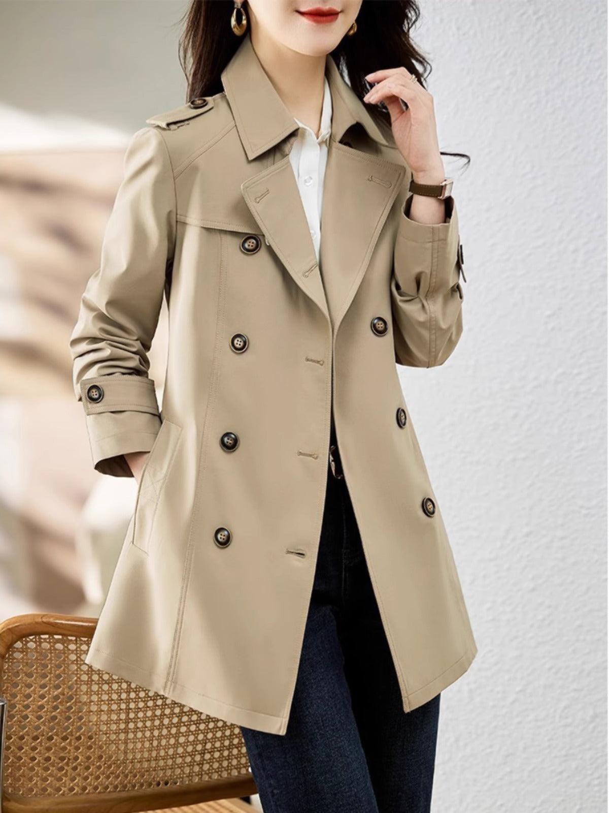 Women's Mid-length Trench Coat Double Breasted Fitted Waist Overcoat