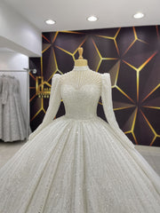 Luxury Custom White Pearl Wedding Ball Gown – High Neck, Long Sleeves, Sparkling Beaded & Sequined Bridal Dress