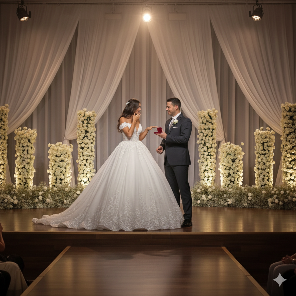 Wedding couple on a stage with floral decorations