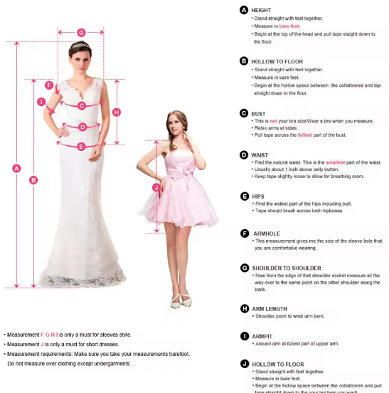 Measurement guide for dresses with two models wearing different styles of dresses.
