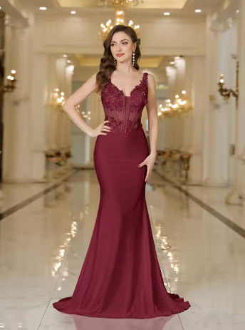 Woman in a burgundy evening gown standing in an elegant interior setting.
