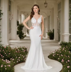Woman in a white wedding dress standing in a elegant outdoor setting with flowers and columns.