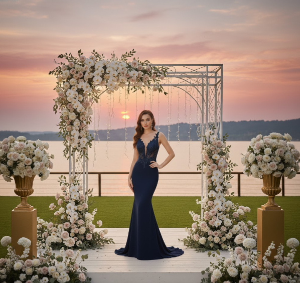 Woman in a blue evening gown standing under a floral arch with a sunset over water.
