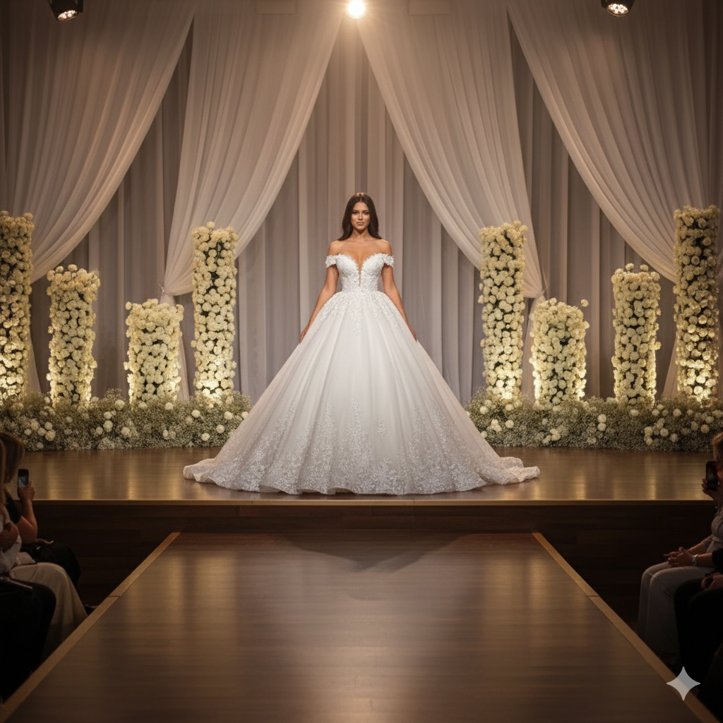 Model wearing a white wedding dress on a runway with floral decorations.