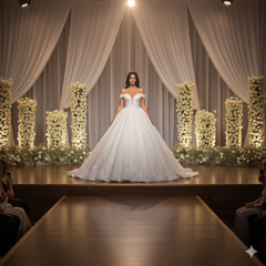 Model wearing a white wedding dress on a runway with floral decorations.