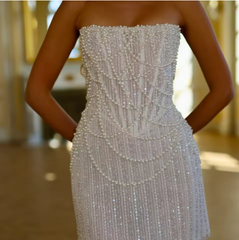 Custom Made Pearl Beaded Mini Dress | Short Strapless Corset Formal Gown & Wedding After Party Dress