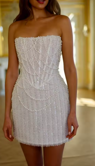 Custom Made Pearl Beaded Mini Dress | Short Strapless Corset Formal Gown & Wedding After Party Dress