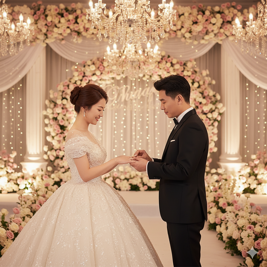Couple exchanging rings in a decorated wedding setting with chandeliers and floral arrangements.