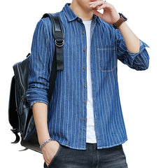 Men's Denim Cotton Shirt Washed Striped Slim Fit