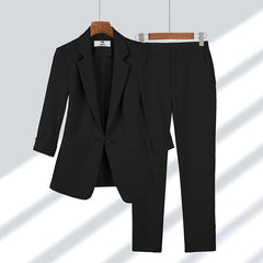 2pcs Casual Blazer Set Solid Color Lapel Single-breasted Jacket And Zipper Straight Pants Women's Office Business Suit