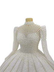 Luxury Custom White Pearl Wedding Ball Gown – High Neck, Long Sleeves, Sparkling Beaded & Sequined Bridal Dress